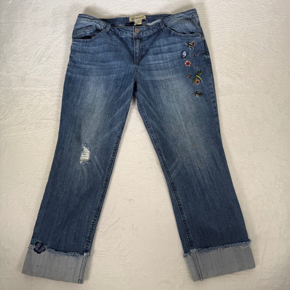 Democracy Flex-ellent Distressed Embroidered Crop Jeans Sz 12 Cuffed Shabby Chic